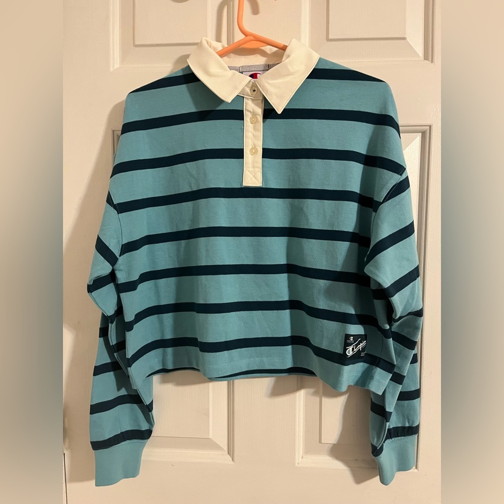 Champion Blue and Navy Striped Rugby cropped shirt tee size Medium